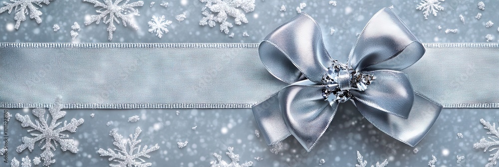 sliver ribbon and bow on winter snowflake background, gift wrap concept sliver ribbon and bow on winter snowflake background, gift wrap concept