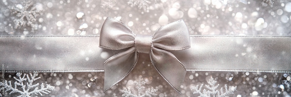 sliver ribbon and bow on winter snowflake background, gift wrap concept sliver ribbon and bow on winter snowflake background, gift wrap concept