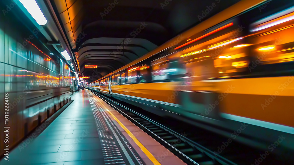 Yellow train is approaching a station platform at high speed Yellow train is approaching a station platform at high speed