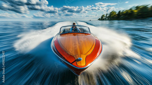 Man driving classic speedboat on lake with motion blur water photo