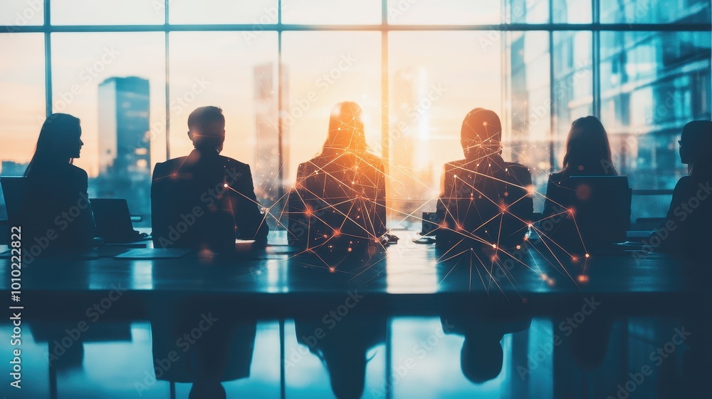 Silhouettes of Business People in a Conference Room with Network Connections Silhouettes of Business People in a Conference Room with Network Connections