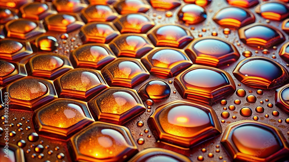 Fototapeta premium A macro exploration of water droplets forming hexagonal patterns on a reflective surface, revealing a symphony of colors and textures.
