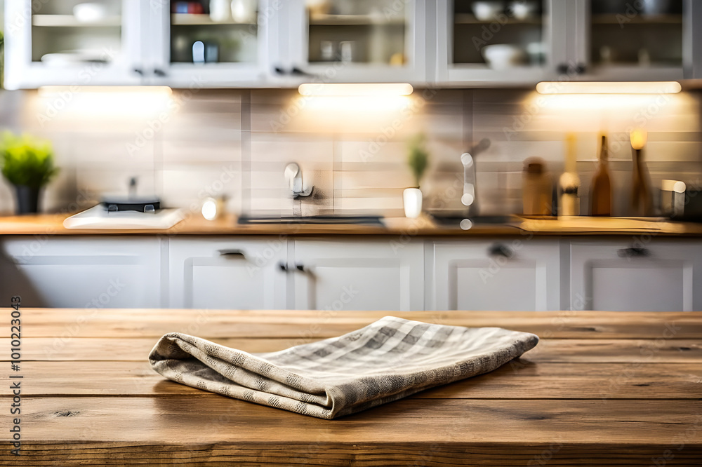 Photo Fabric,cloth on wood table top on blur kitchen counter (room)background.For montage product display or design key visual layout Background Photo Fabric,cloth on wood table top on blur kitchen counter (room)background.For montage product display or design key visual layout Background