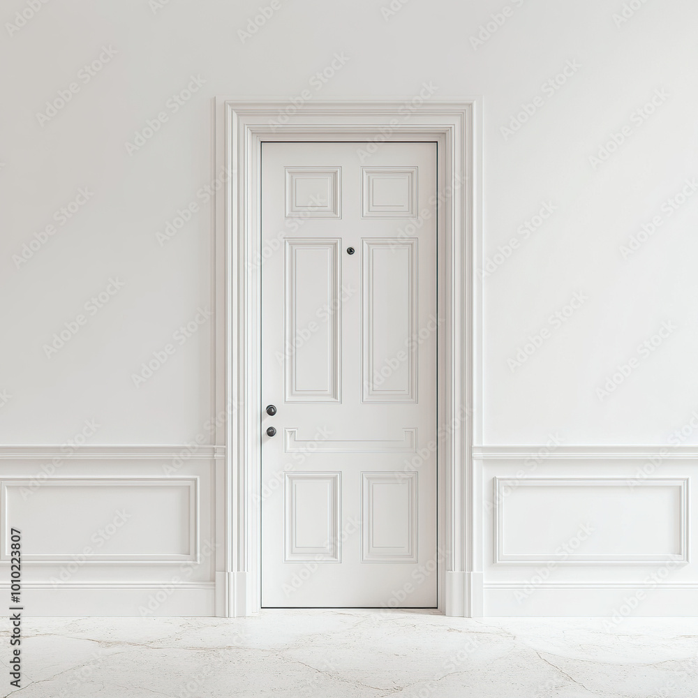 Minimalist, a white door stands in the middle of an all-white wall Minimalist, a white door stands in the middle of an all-white wall