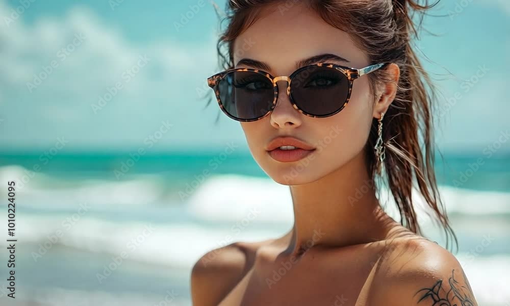 Portrait of a Woman Wearing Sunglasses on a Beach Portrait of a Woman Wearing Sunglasses on a Beach