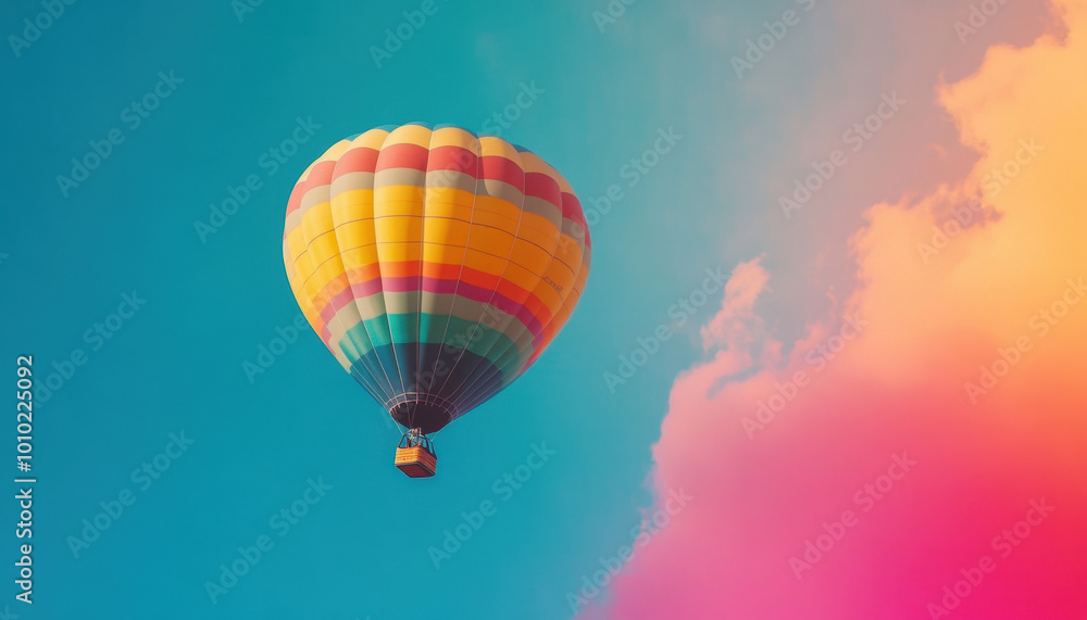 Fototapeta premium Colorful hot air balloon floats gracefully against a vibrant blue and pink sky, creating a serene and dreamy atmosphere in the early morning light.
