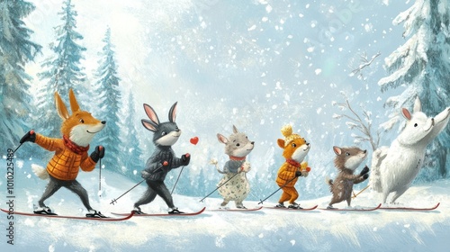 A group of animal friends cross country skiing in the snow.