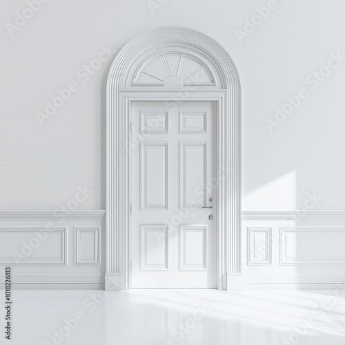 Minimalist  a white door stands in the middle of an all-white wall