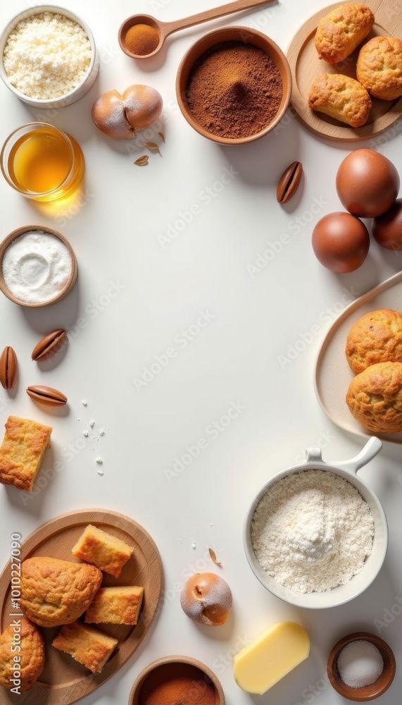 Baking ingredients and tools flatlay with copy space Baking ingredients and tools flatlay with copy space