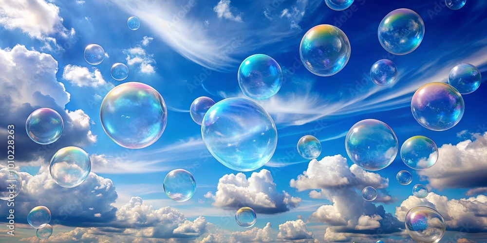 A symphony of iridescent orbs dances among fluffy clouds, their delicate surfaces reflecting the azure canvas of a bright sky. A symphony of iridescent orbs dances among fluffy clouds, their delicate surfaces reflecting the azure canvas of a bright sky.