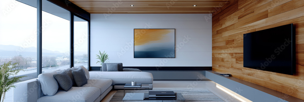 Modern living room with a large sectional sofa, a flat screen TV, and a view of the mountains. Modern living room with a large sectional sofa, a flat screen TV, and a view of the mountains.