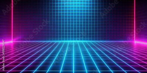 A futuristic and abstract grid floor illuminated by bright neon blue and pink lights  creating a dynamic and colorful space.