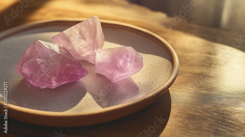 Three pink gemstones are catching sunlight on a round ceramic plate on a wooden table