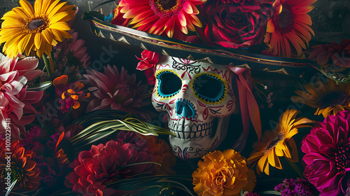 banner for day of the dead, on a floral background close-up of a skull with traditional makeup in a sambrero with flowers photo