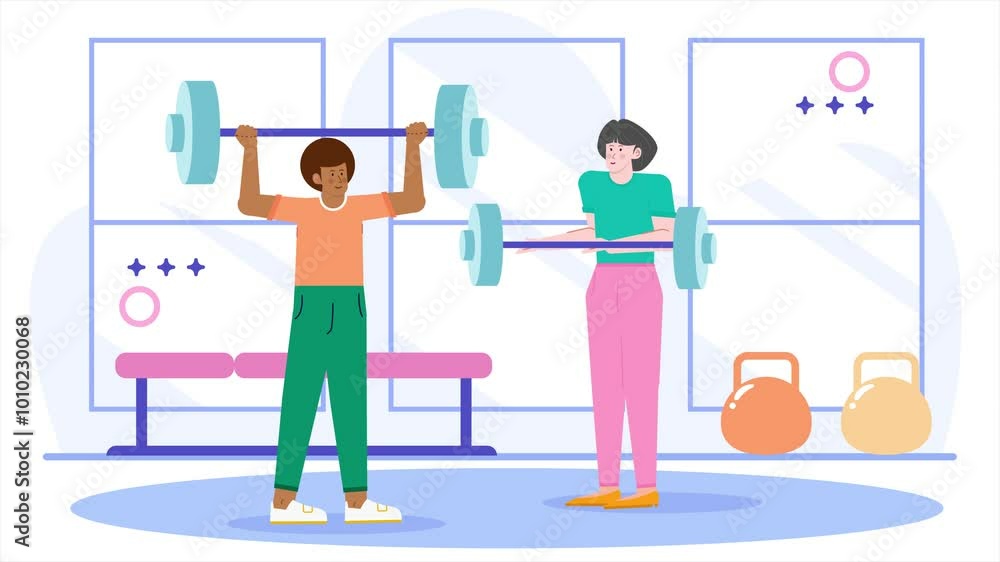 people engaging in weightlifting in a modern gym environment fitness and teamwork concepts illustration animated video people engaging in weightlifting in a modern gym environment fitness and teamwork concepts illustration animated video