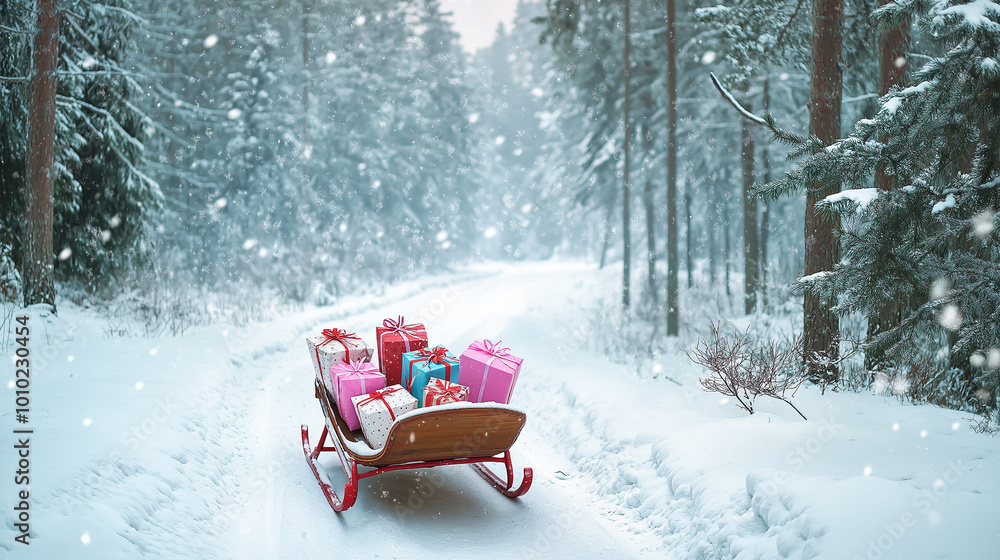Wooden sleigh full of christmas gifts is standing on a snowy road in a forest Wooden sleigh full of christmas gifts is standing on a snowy road in a forest