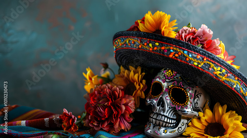 banner for day of the dead with copy space, on green background close-up skull with traditional makeup in sambrero with flowers with space for text photo