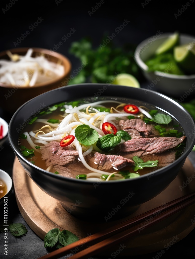 Vietnamese Beef Noodle Soup with Fresh Herbs and Chili Peppers Vietnamese Beef Noodle Soup with Fresh Herbs and Chili Peppers