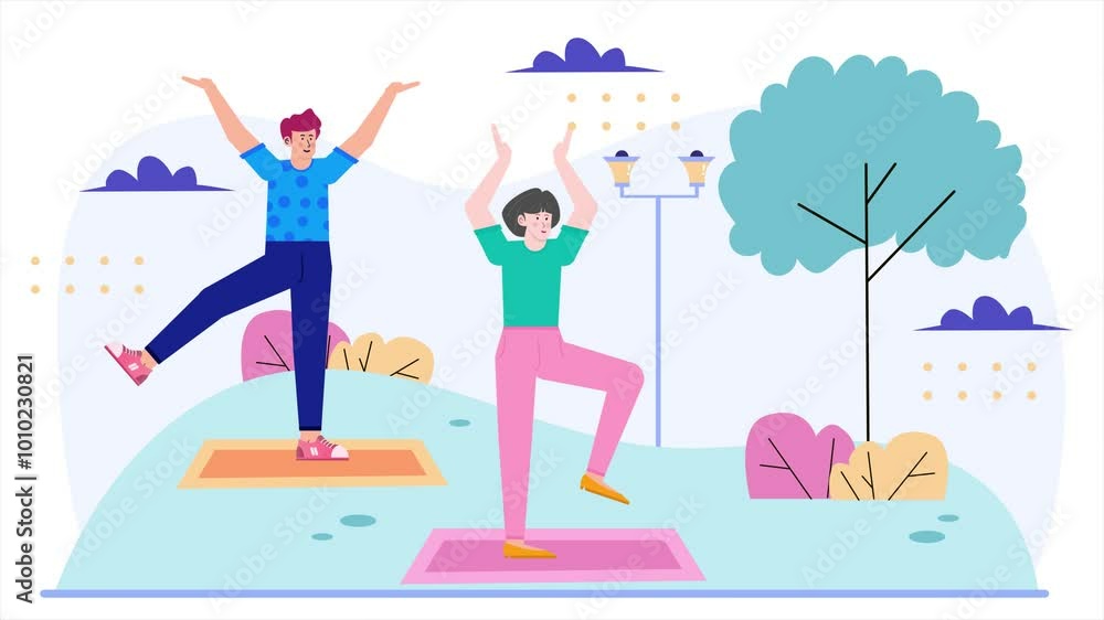 Two individuals are performing yoga poses on mats outdoors surrounded by stylized trees and clouds in a vibrant landscape animated video Two individuals are performing yoga poses on mats outdoors surrounded by stylized trees and clouds in a vibrant landscape animated video