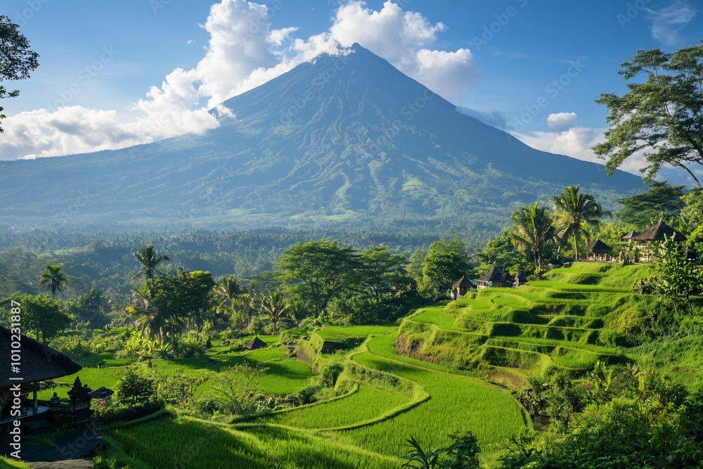 Lush green rice paddies and a towering volcano in the background under a bright blue sky. Lush green rice paddies and a towering volcano in the background under a bright blue sky.