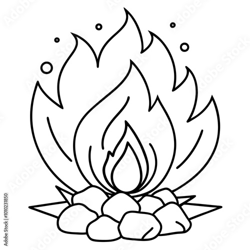 burning campfire with stones outline coloring book page line art drawing
