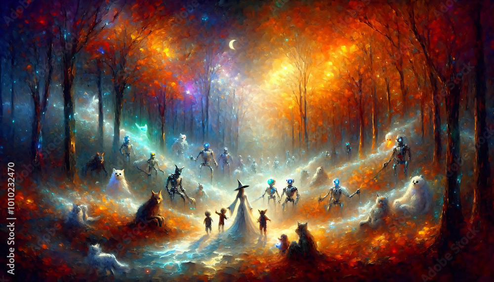 Fototapeta premium Holloween Autumn's Enchanted Walk with Robotic and creature friends
