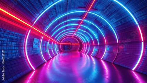 Neon Lights Tunnel Futuristic Cyberpunk Architecture