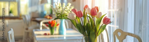 Stylish dining room interior with comfortable furniture and beautiful tulips