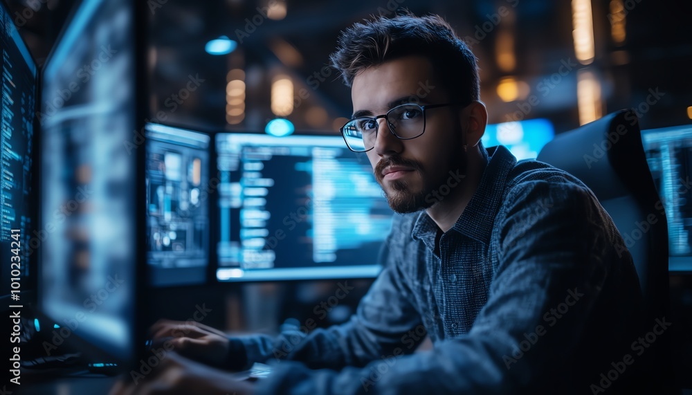 System administration and machine learning engineer programming at his workstation, planning and expanding network structure of the enterprise in a modern office setting System administration and machine learning engineer programming at his workstation, planning and expanding network structure of the enterprise in a modern office setting