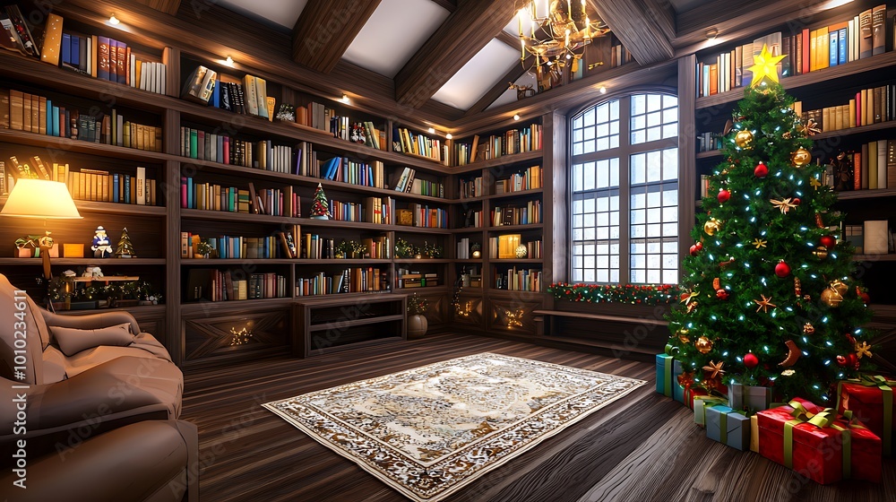 Christmas Decor in Cozy Library with Bookshelves Fireplace and Christmas Tree Christmas Decor in Cozy Library with Bookshelves Fireplace and Christmas Tree