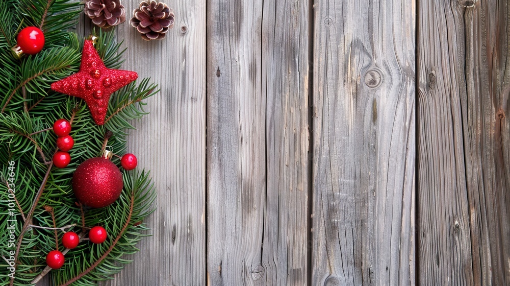 An arrangment of Christmas decoration on wooden background An arrangment of Christmas decoration on wooden background