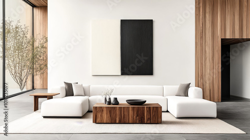 Minimalist living room with white sectional sofa and wooden coffee table.