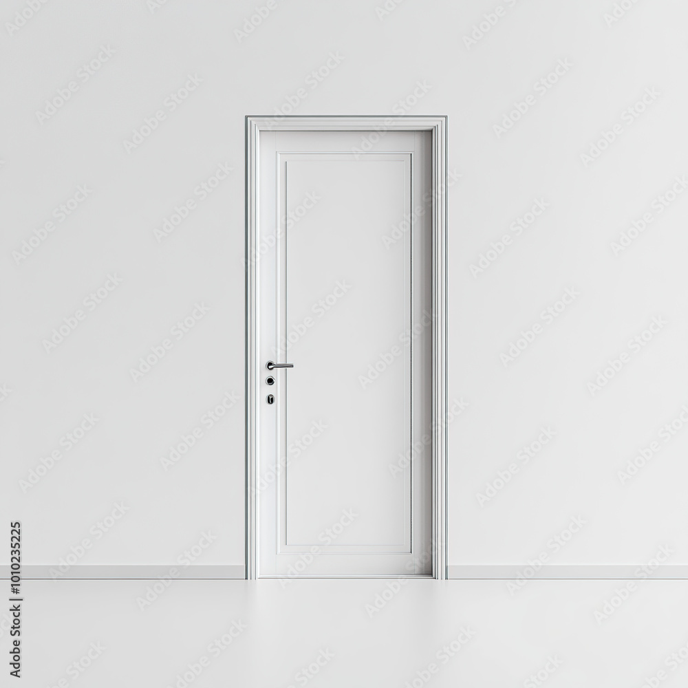 Minimalist, a white door stands in the middle of an all-white wall Minimalist, a white door stands in the middle of an all-white wall
