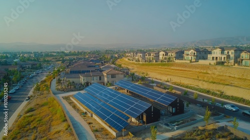 Aerial View of Sustainable Suburban Neighborhood with Solar Panels