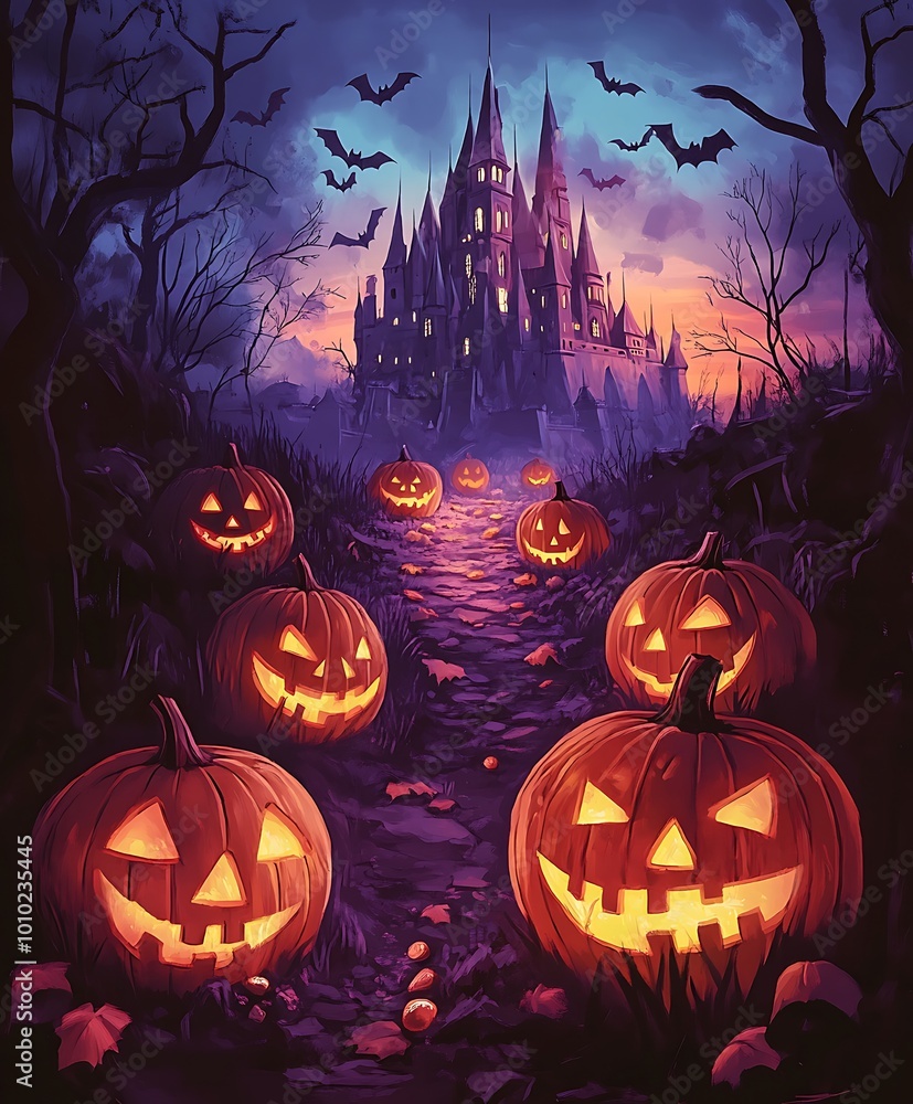 Spooky Halloween Scene with Jack o Lanterns Leading to a Haunted Castle Spooky Halloween Scene with Jack o Lanterns Leading to a Haunted Castle