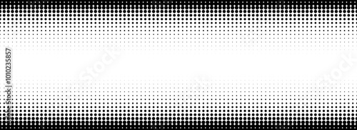 Dotted halftone gradient texture. Fading polka dot background. Repeated dots gradation pattern. Black and white vanishing comic pop art backdrop. Horizontal halftone raster effect wallpaper. Vector
