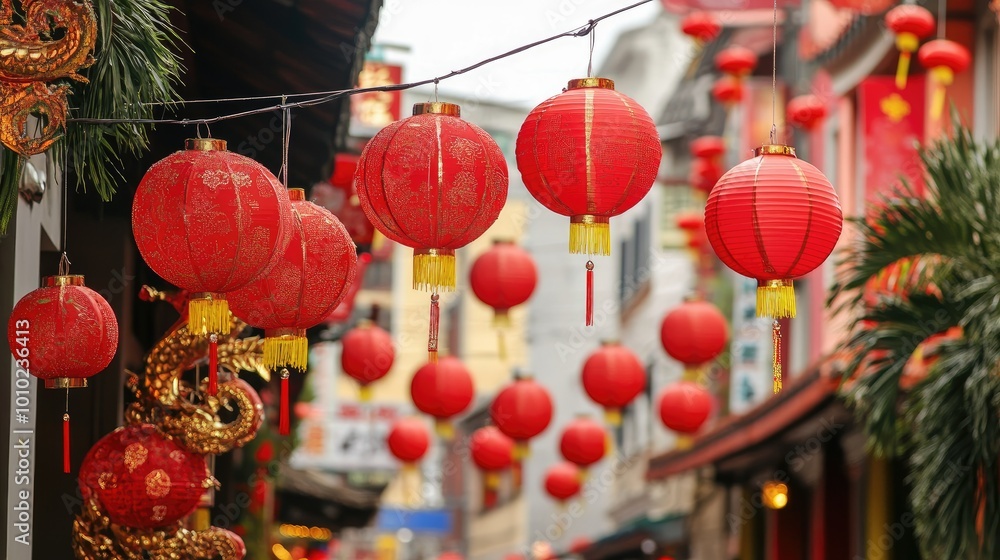 Naklejka premium A vibrant street scene with red lanterns and decorations for Chinese New Year