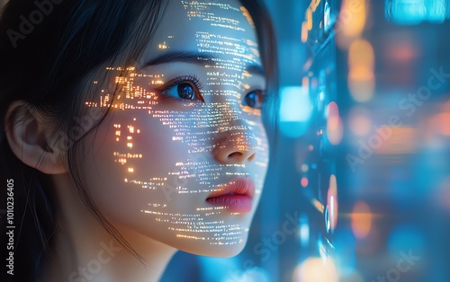 Asian Female Startup Founder Working on Computer Code Projected on Face, Developing Advanced eCommerce App with AI and Big Data