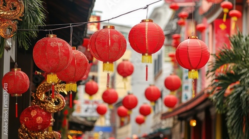 A vibrant street scene with red lanterns and decorations for Chinese New Year