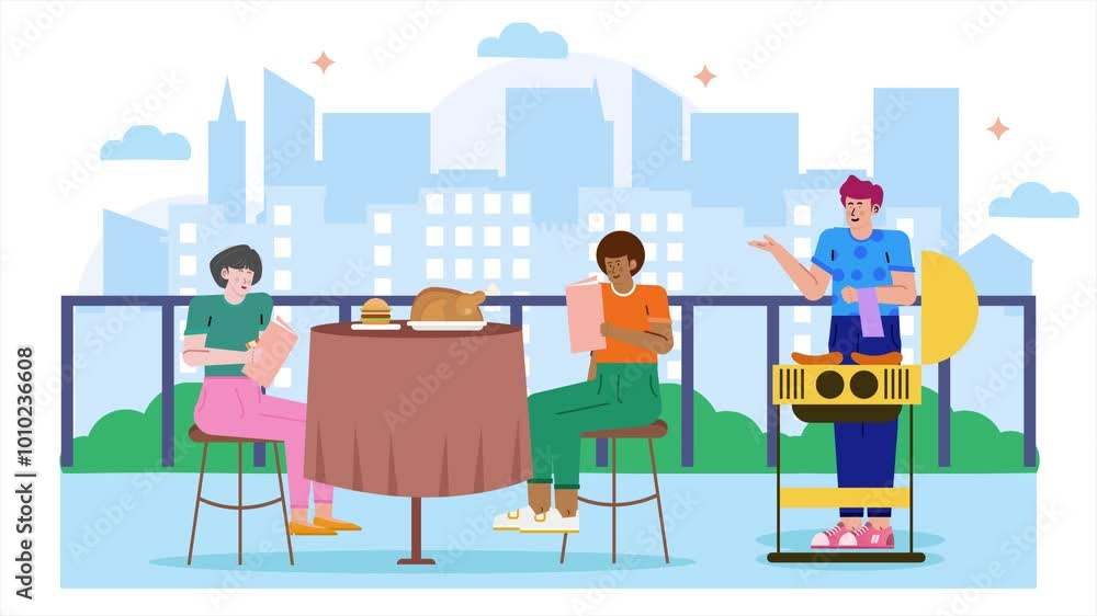 Illustration of three friends having a casual meeting on a terrace with drinks and snacks enjoying a sunny city view animated video Illustration of three friends having a casual meeting on a terrace with drinks and snacks enjoying a sunny city view animated video