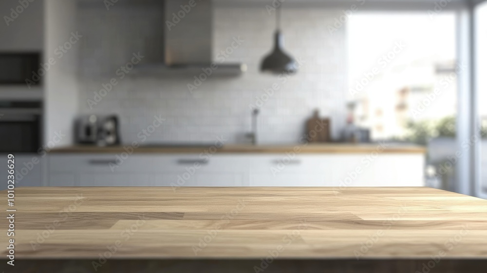 Wooden light empty table top in modern white kitchen, kitchen panel in interior Wooden light empty table top in modern white kitchen, kitchen panel in interior