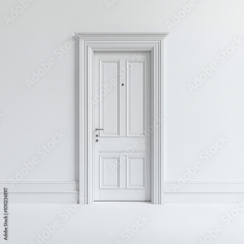 Minimalist, a white door stands in the middle of an all-white wall