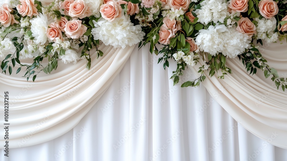 Elegant floral arrangement with peach roses and white blooms, beautifully draped on a soft white fabric backdrop. Elegant floral arrangement with peach roses and white blooms, beautifully draped on a soft white fabric backdrop.