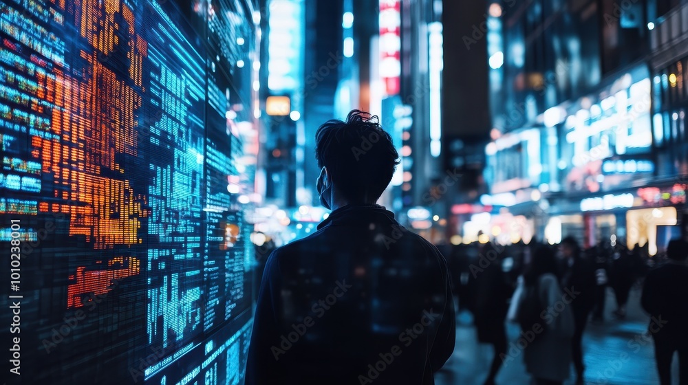 Neon Cityscape: Silhouetted Figure in a Vibrant Urban Landscape Neon Cityscape: Silhouetted Figure in a Vibrant Urban Landscape
