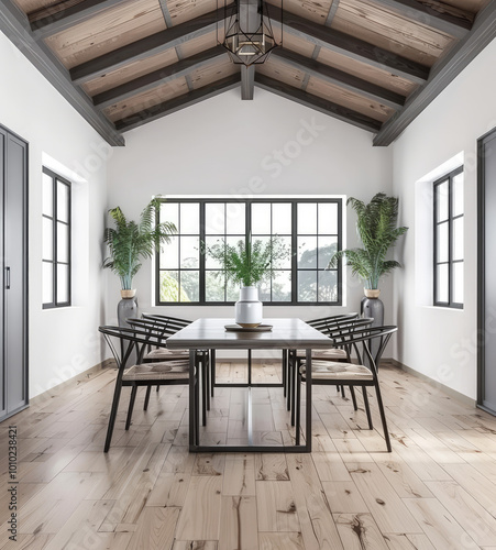 zen peaceful neutral color theme dining and kitchen design with oriental style dining table  with the pottery with chandelier above and big flower vase 