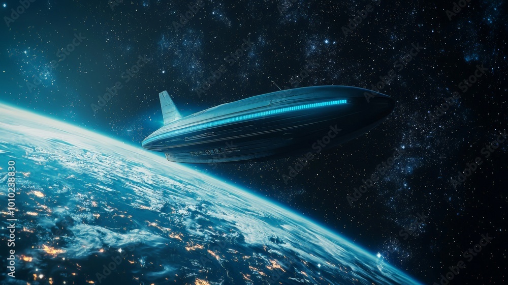 Obraz premium A global business forum held on a spaceship traveling through the galaxy