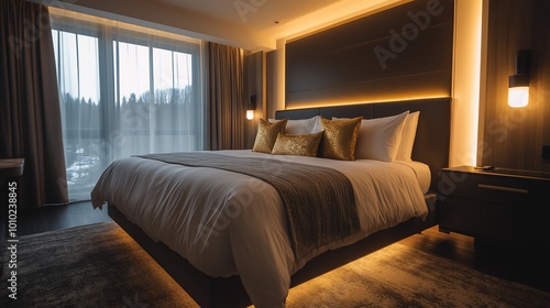 Modern bedroom with king size bed, nightstands, and large window overlooking a forest.