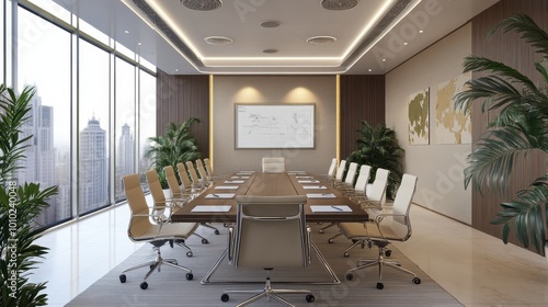 Modern and Sophisticated Corporate Conference Room with Panoramic City View