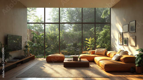Modern living room with a large window showcasing a lush green garden.