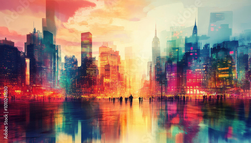 Vivid digital art cityscape with colorful reflections, showcasing a futuristic city with an abstract twist. Skyscrapers and silhouettes create a vibrant urban atmosphere.